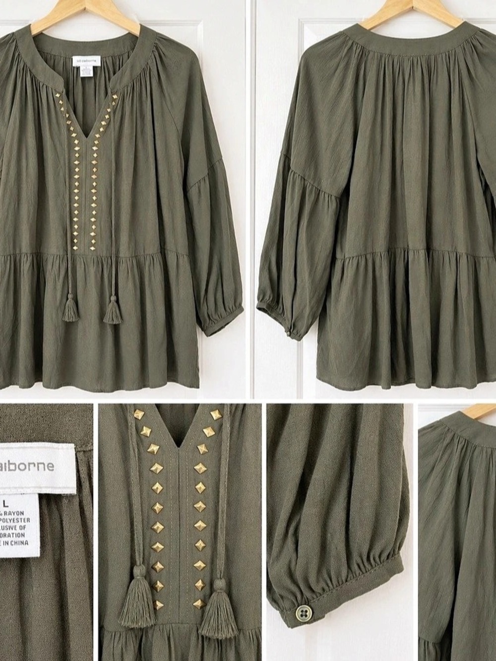 Liz Claiborne Studded Blouse in Green Size Large